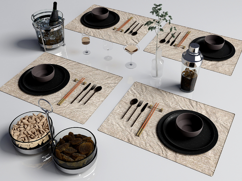  餐具摆件 筷子 餐布 酒杯su模型 