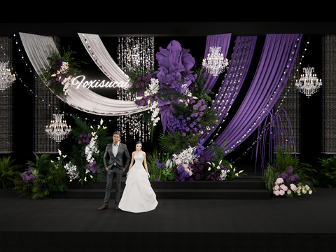  小众紫色布幔 自然系花艺婚礼su模型 