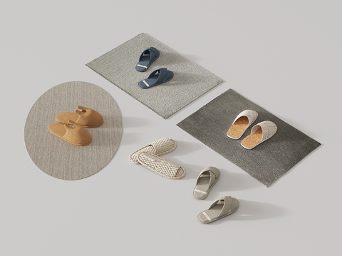  现代鞋子 棉拖鞋 布拖鞋 小地毯地垫su模型 