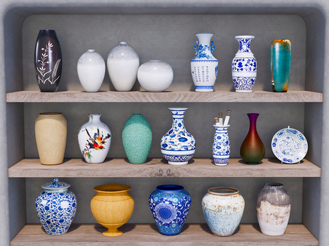  中式青花瓷瓶 瓷器 陶瓷罐su模型 