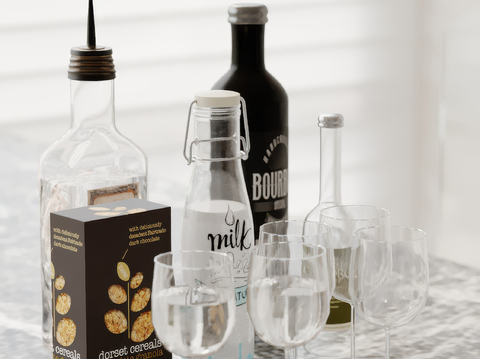  酒水 酒瓶 饮料 高脚杯su模型 