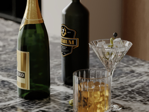  酒水 酒瓶 洋酒 酒杯su模型 