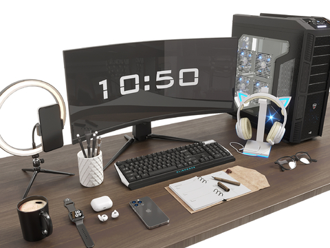  办公用品 桌面摆件 台式电脑 显示器 主机su模型 