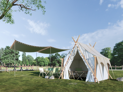  现代露营帐篷 户外桌椅su模型 