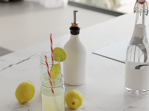  厨房摆件 酒瓶 杯子 柠檬su模型 