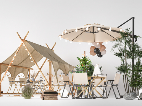  现代露营帐篷 户外桌椅su模型 