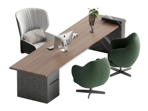  现代班台桌 大班台 老板桌su模型 