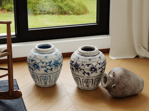  中式陶罐 瓷器 青花瓷 古董su模型 