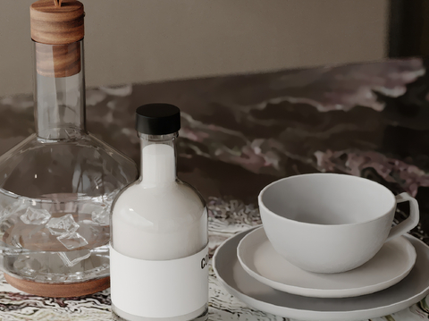  现代餐具 咖啡杯 餐盘 水瓶su模型 