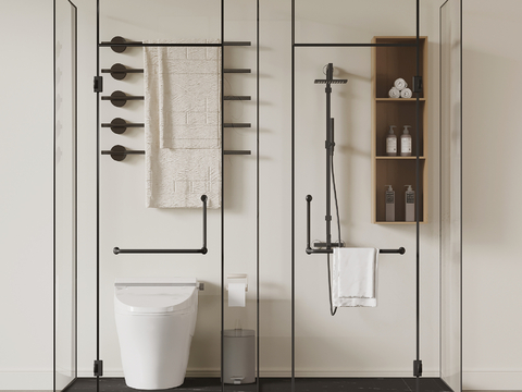  现代淋浴房 花洒 隔断 马桶su模型 