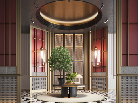  现代酒店大厅 花艺装置su模型 