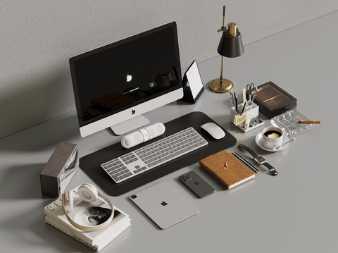  办公用品 桌面摆件 手机 耳麦 电脑 台灯su模型 