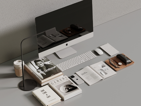  办公用品 桌面摆件 书籍 台灯 电脑 咖啡su模型 