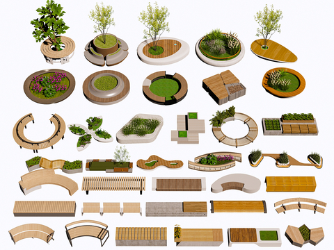  树池景观座椅 种植池 公园长凳su模型 