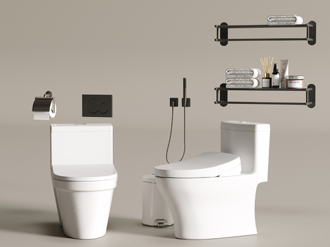  智能马桶 坐便器 毛巾架 垃圾桶su模型 