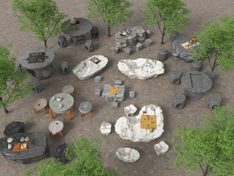  现代户外石桌凳su模型 