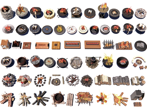  现代火盆 木柴火堆 火焰 木柴堆su模型 