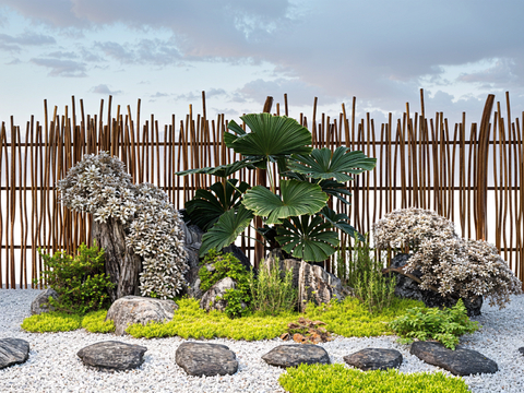  新中式景观石头  汀步 植物堆su模型 