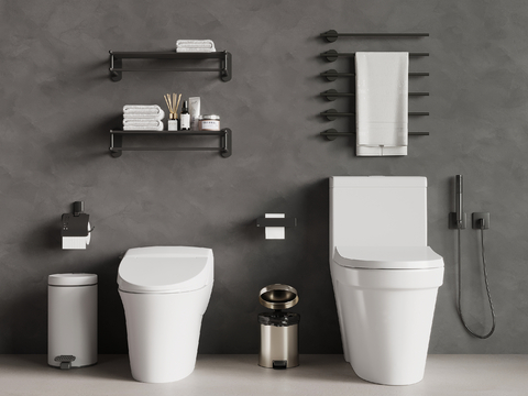  智能马桶 坐便器 毛巾架 垃圾桶su模型 