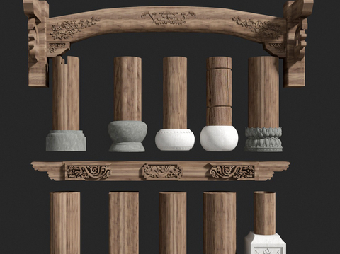  中式柱子 门庭柱 圆柱 木梁雕花su模型 