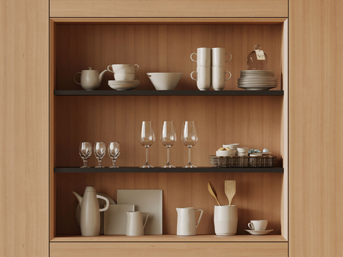  现代厨房用品 碗碟 杯子 水壶su模型 