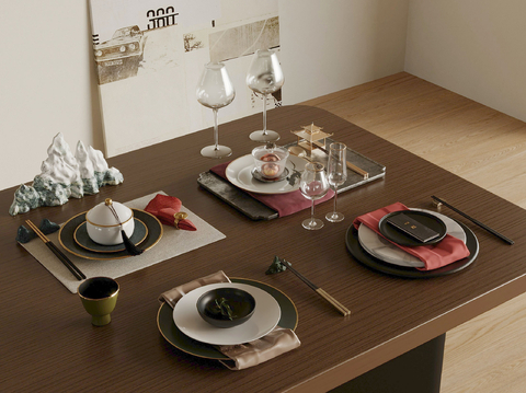  新中式餐具 餐盘 碗碟 筷子 酒杯su模型 