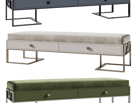  新中式沙发凳 床尾凳su模型 