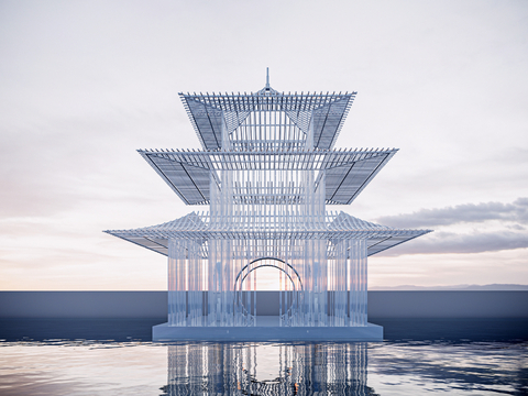  中式古建筑 塔楼 玻璃框架su模型 