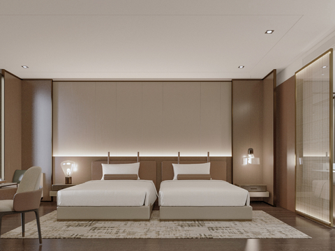  酒店客房 双床房su模型 