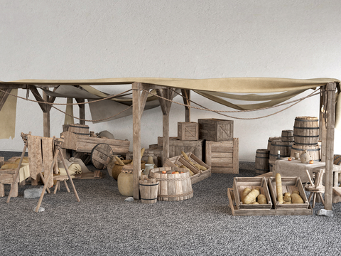  中式摊位 古代摊位 集市摊位su模型 