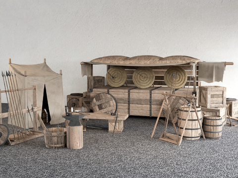  中式摊位 集市摊位 酒坛木桶su模型 