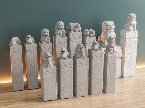  中式栓马柱 拴马桩 石狮子su模型 