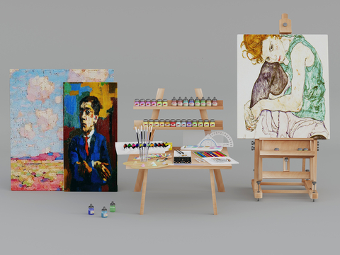  现代画架 颜料 画具su模型 