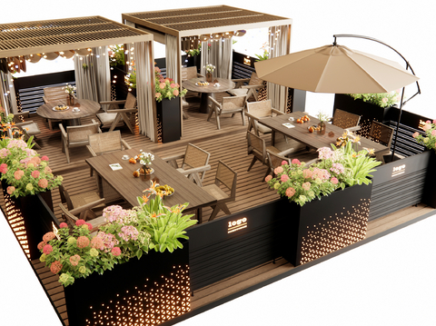  现代户外商业外摆 户外桌椅su模型 