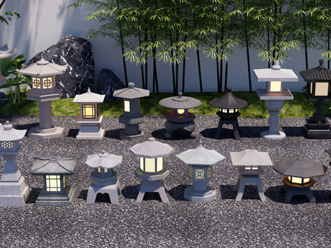  新中式草坪石灯 石灯笼 石灯su模型 