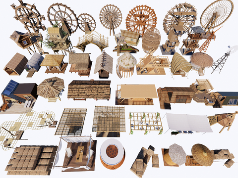  现代小木屋 乡村小品 水车 乡村建筑su模型 