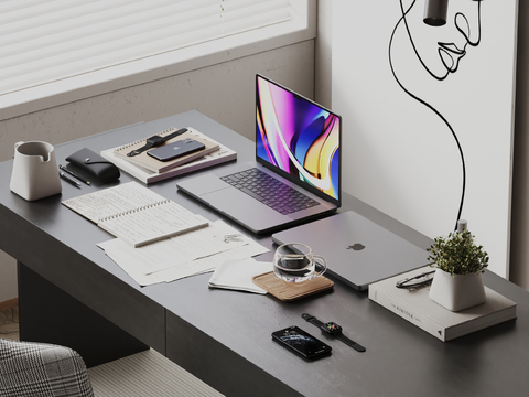  办公用品 笔记本电脑 书本su模型 