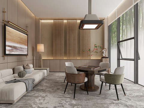  侘寂麻将室 棋牌室su模型 