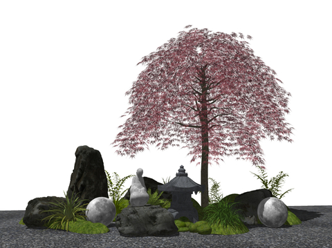  流泉枫树 造型树 石头微地形su模型 