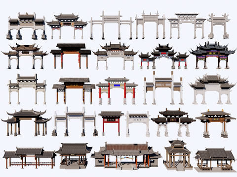  新中式亭子 牌坊 走廊 门牌坊su模型 