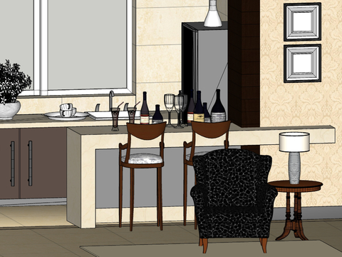  开放式厨房 吧台凳su模型 