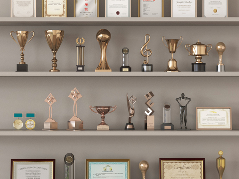  奖杯 奖状 荣誉证书su模型 