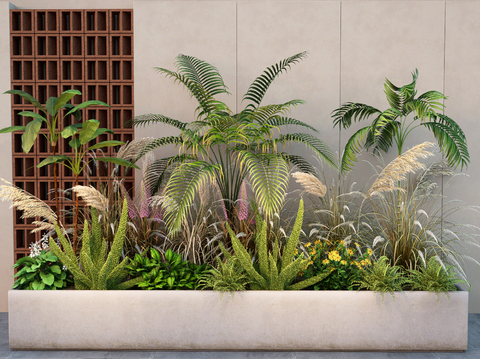  现代植物花箱 花镜 植物堆su模型 