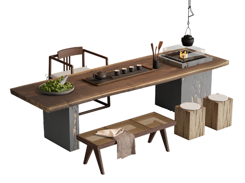 新中式茶桌椅 茶台su模型