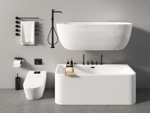  陶瓷浴缸 浴盆 电动毛巾架su模型 