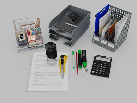  办公用品 收纳架 文件盒 计算器su模型 