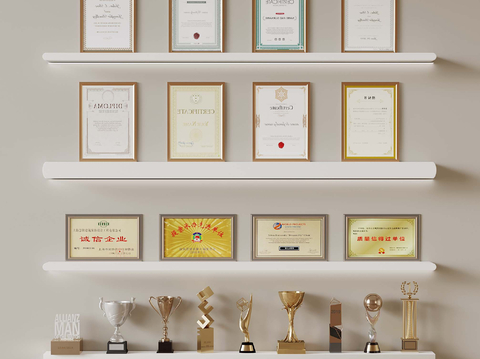  奖杯 奖牌 证书 锦旗su模型 