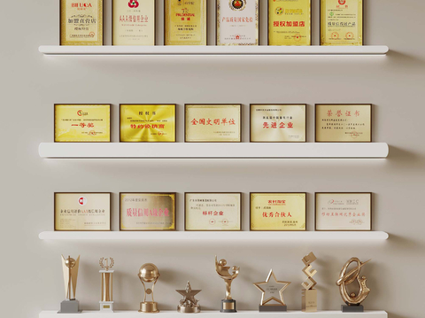  奖杯 奖牌 证书 锦旗su模型 