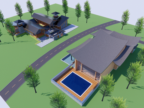  民宿鸟瞰su模型 