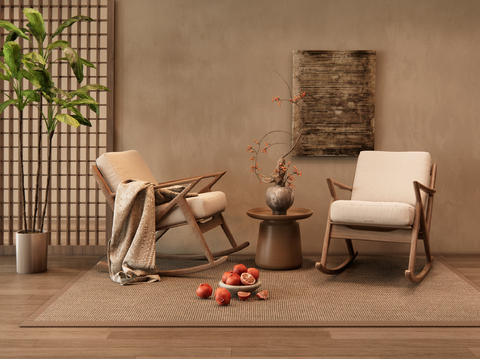  侘寂户外椅 摇椅 圆几su模型 